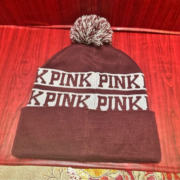 Victorias Secret PINK Burgundy Pom knit Hat - Picture 2 of 6